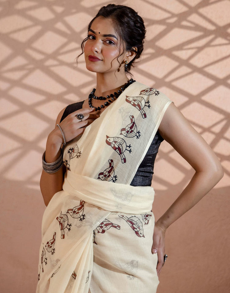 Beige Linen Printed Saree