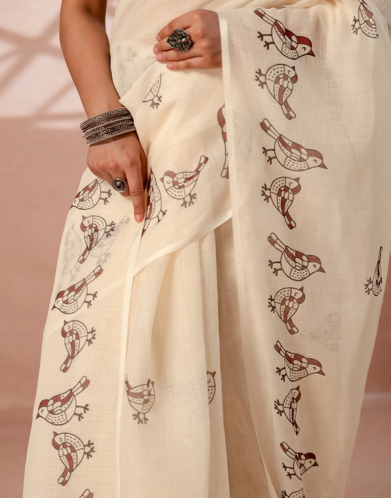 Beige Linen Printed Saree