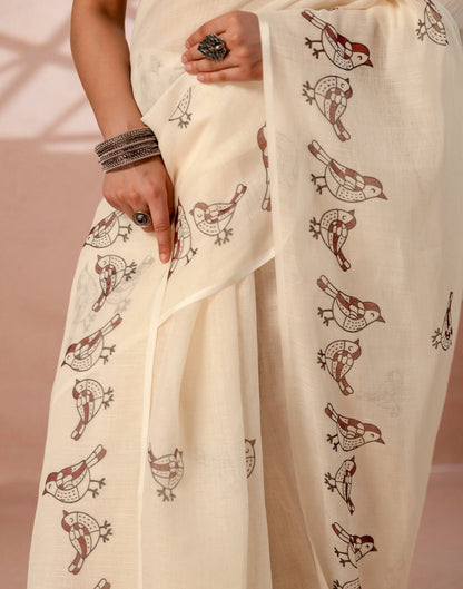 Beige Linen Printed Saree