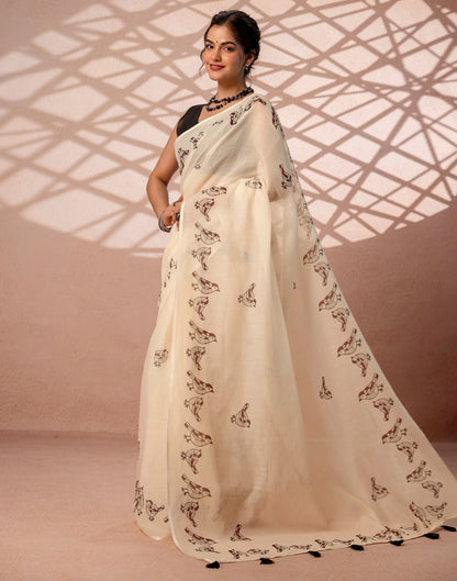Beige Linen Printed Saree