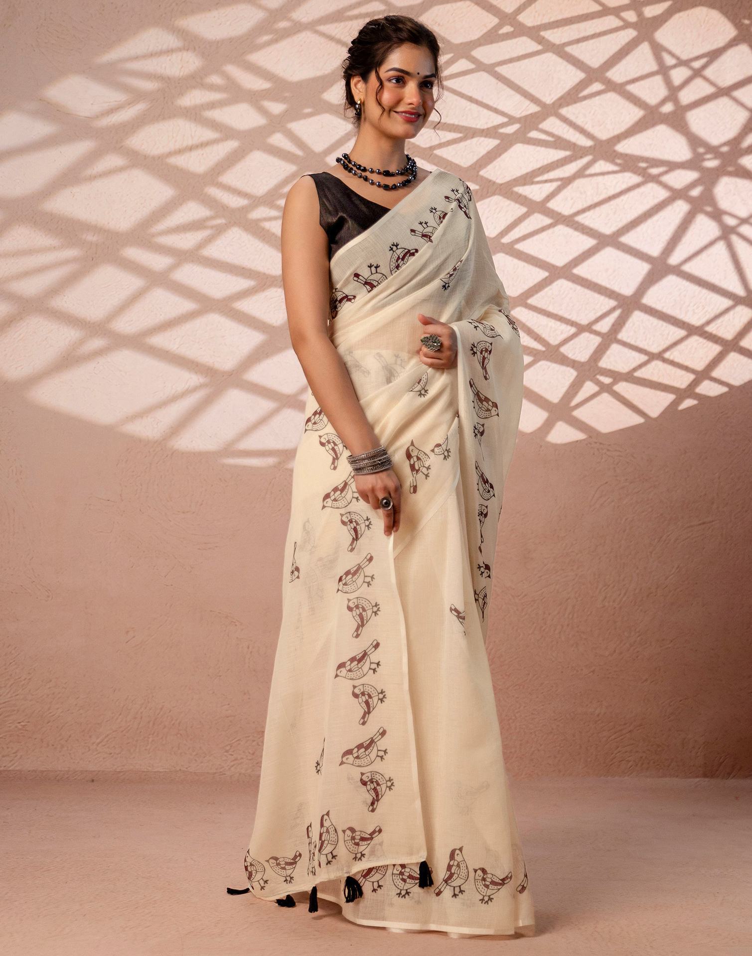 Beige Linen Printed Saree
