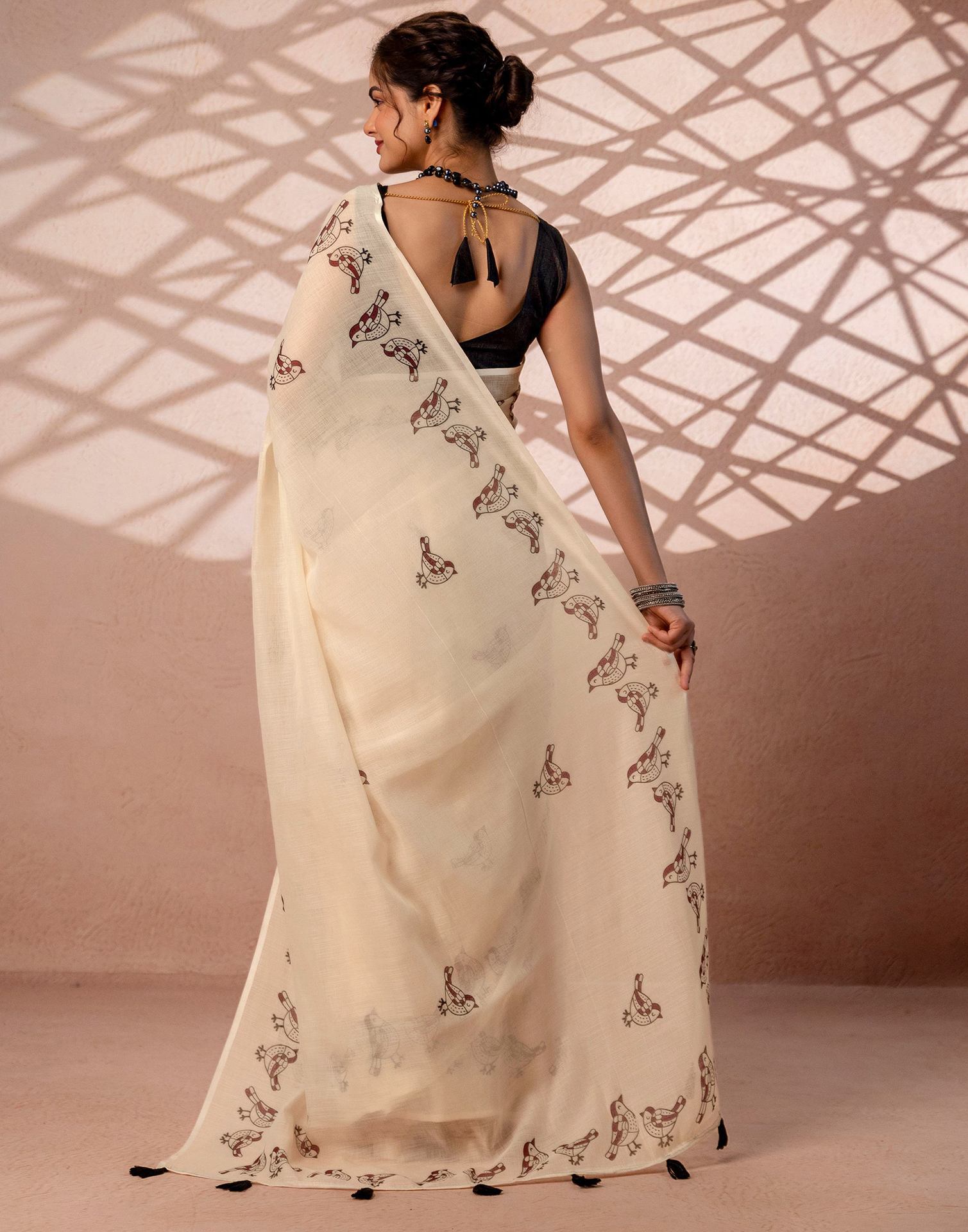 Beige Linen Printed Saree