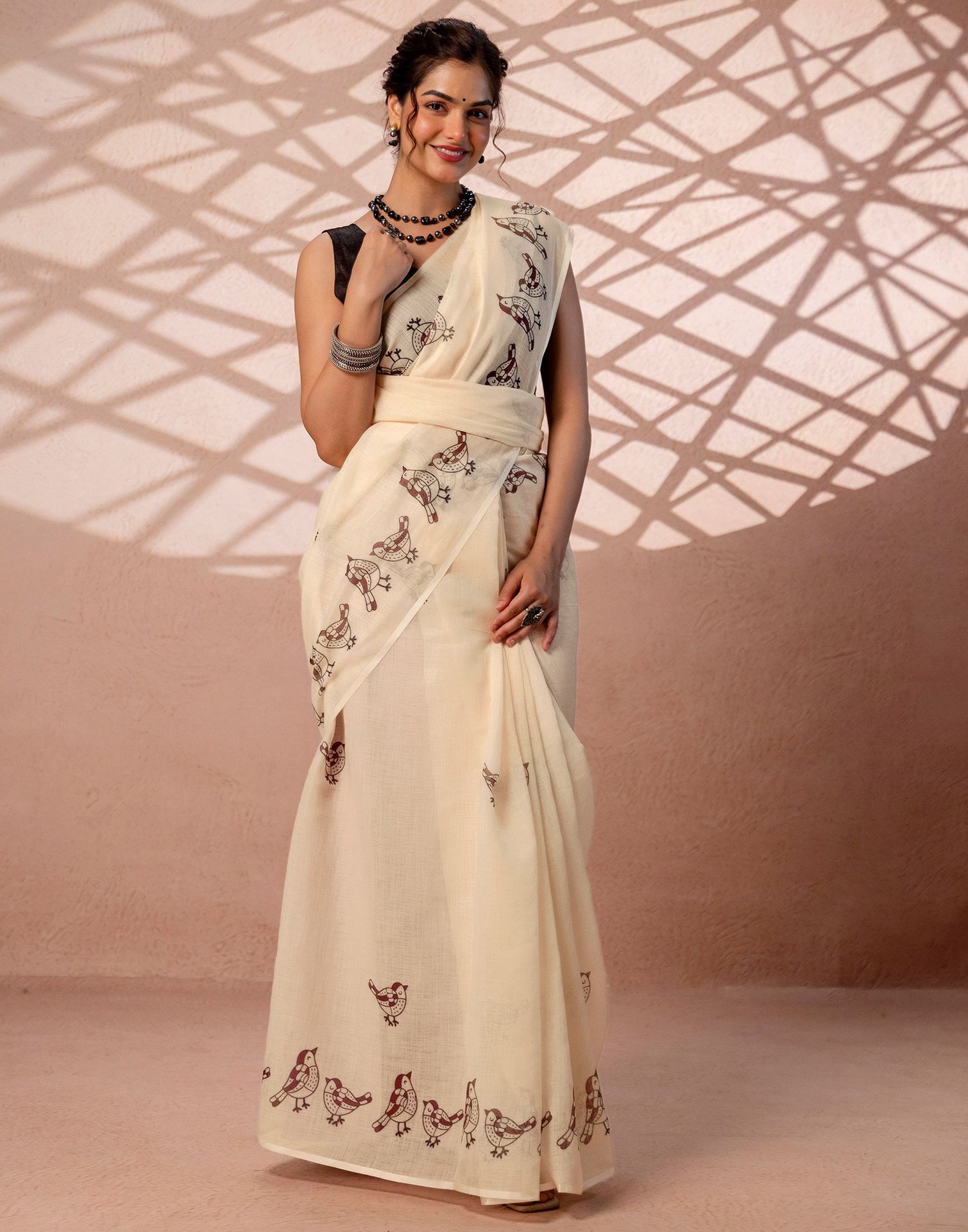 Beige Linen Printed Saree