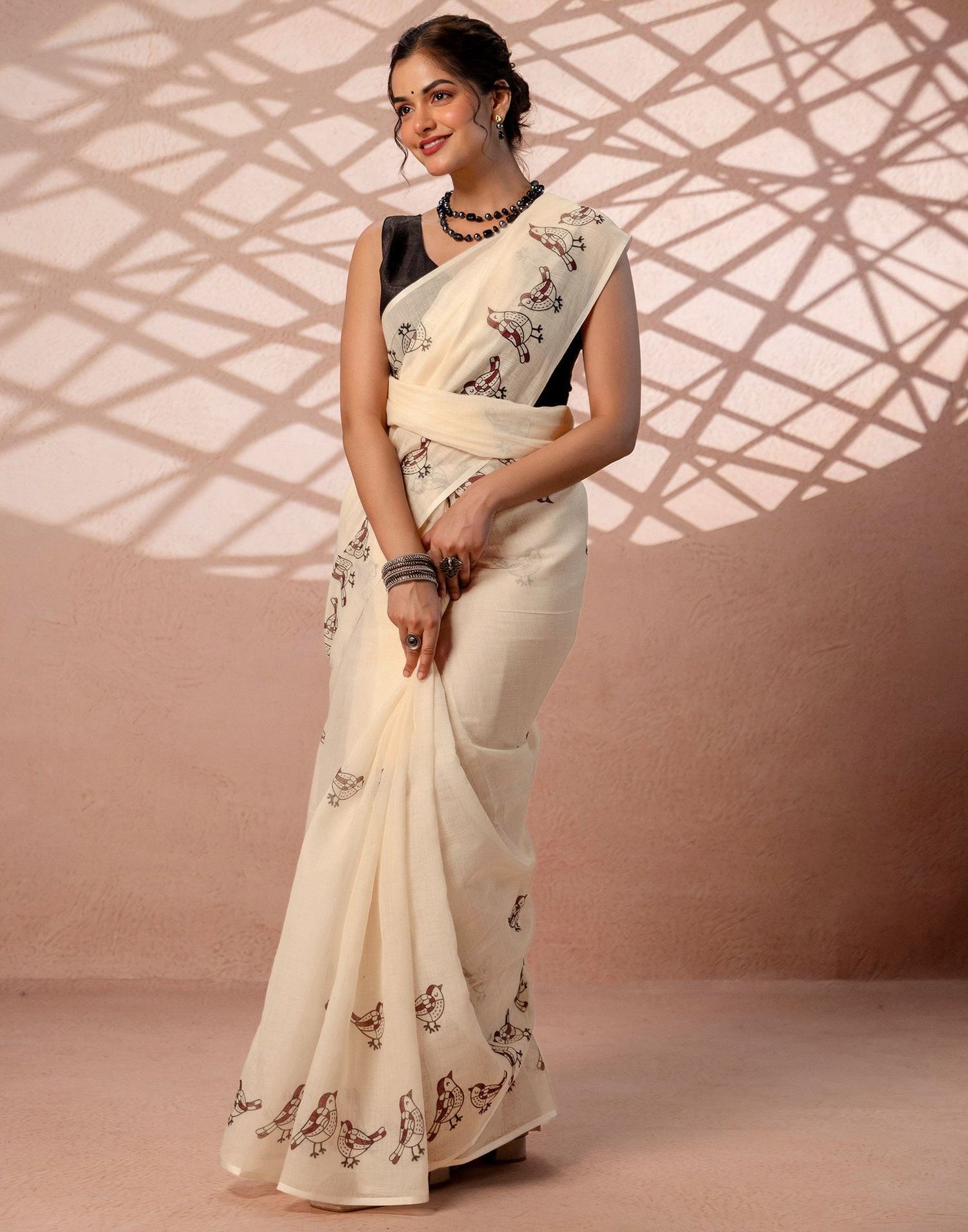 Beige Linen Printed Saree