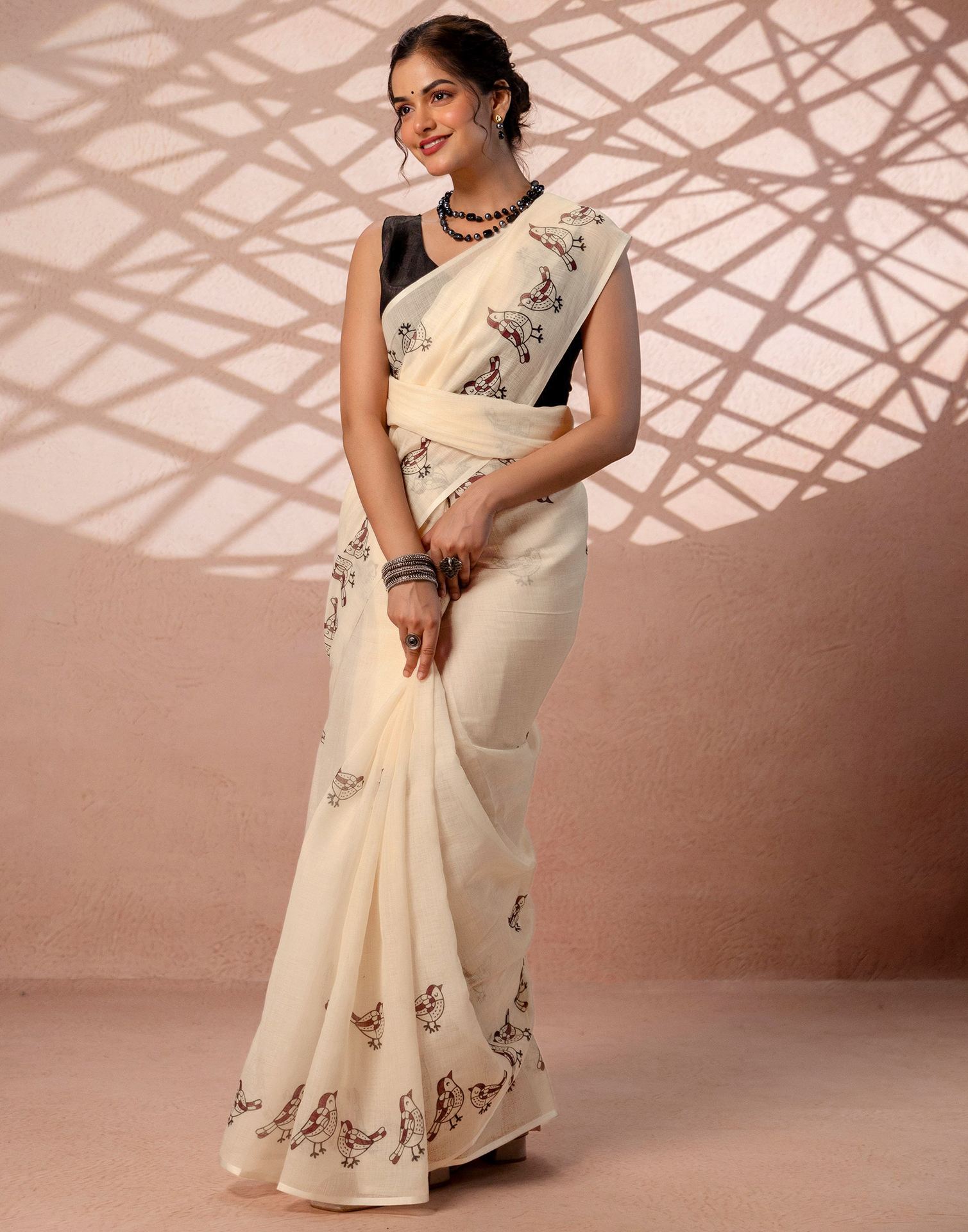 Beige Linen Printed Saree