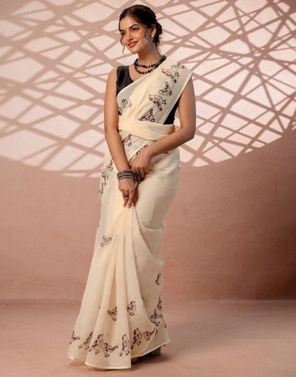 Beige Linen Printed Saree