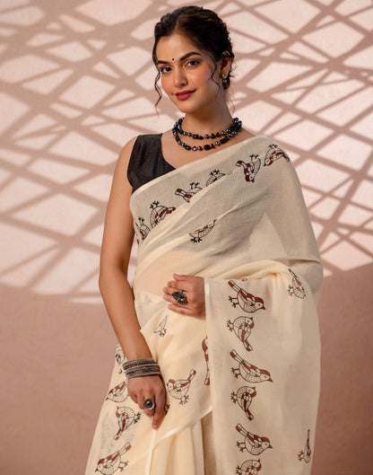 Beige Linen Printed Saree