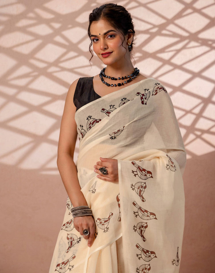 Beige Linen Printed Saree
