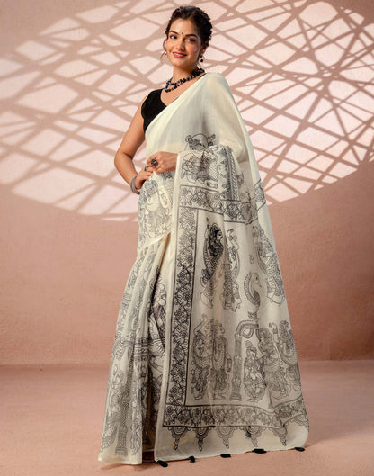 Off White Linen Kalamkari Printed Saree