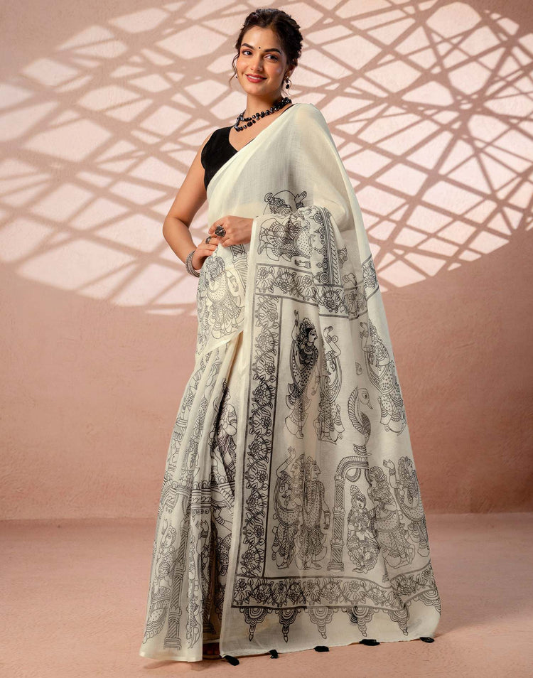 Off White Linen Kalamkari Printed Saree