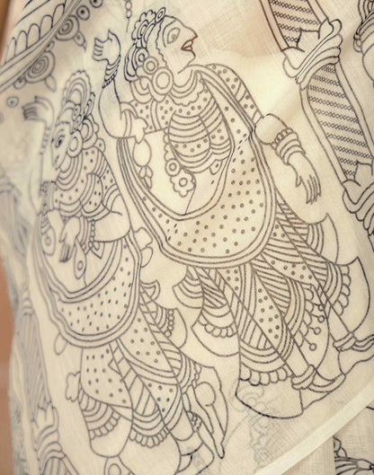 Off White Linen Kalamkari Printed Saree