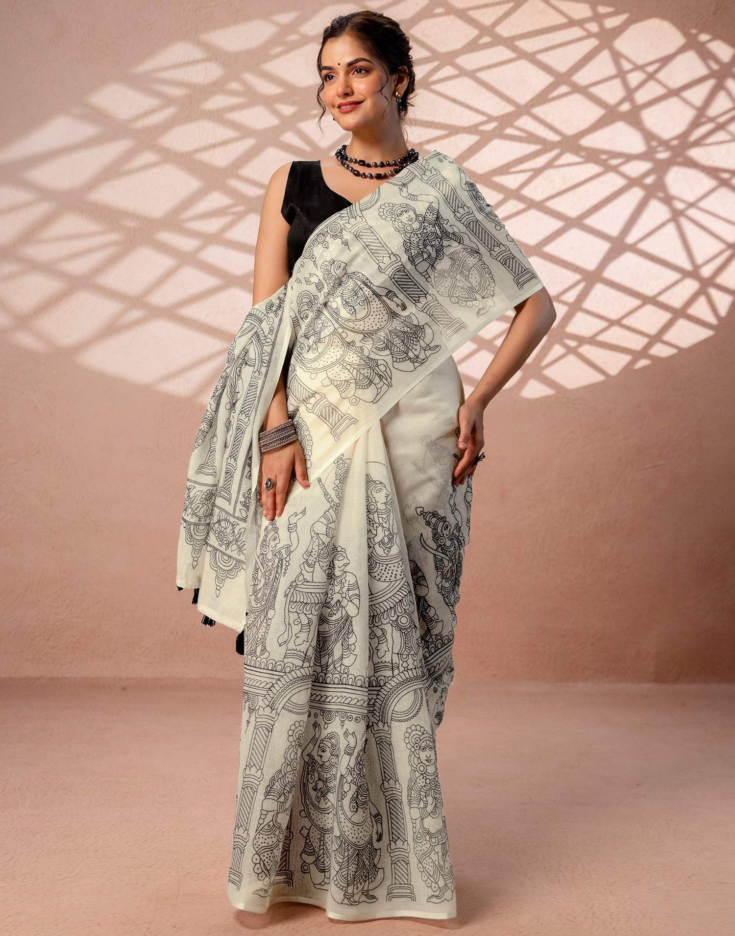 Off White Linen Kalamkari Printed Saree