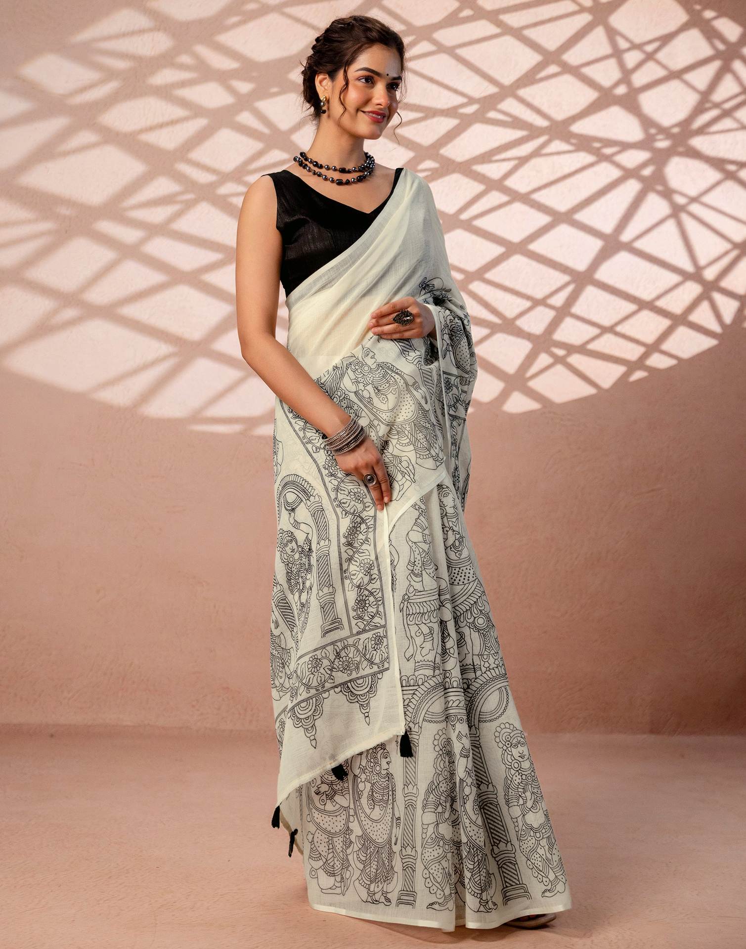 Off White Linen Kalamkari Printed Saree
