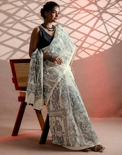 Off White Linen Kalamkari Printed Saree