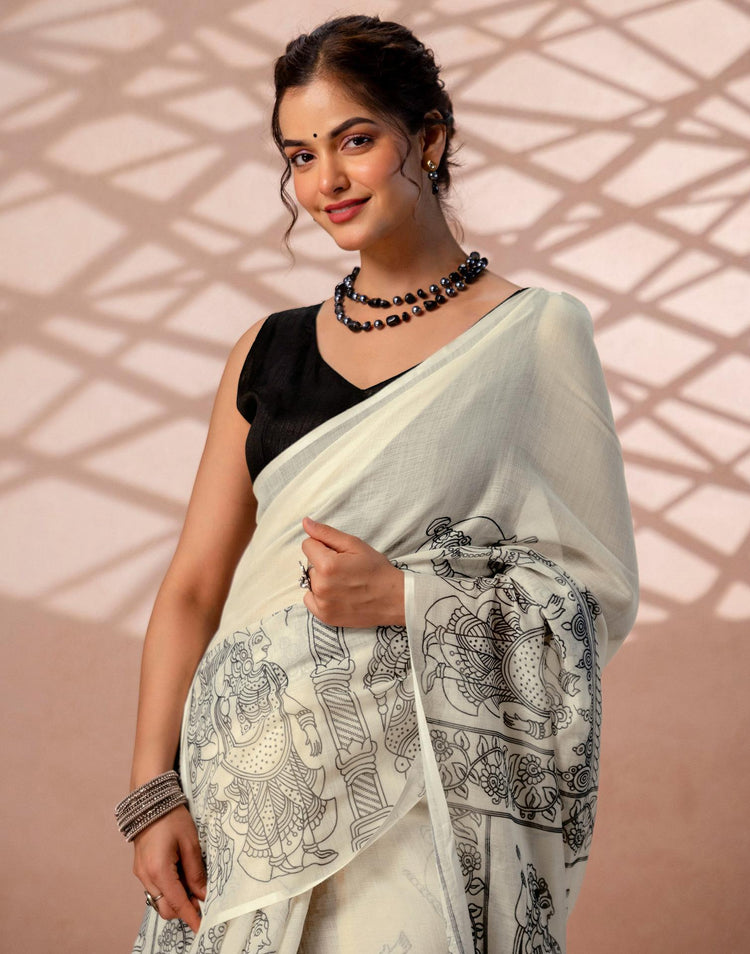 Off White Linen Kalamkari Printed Saree