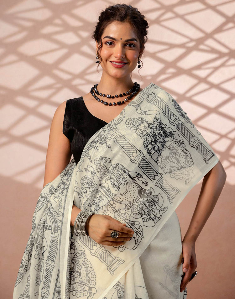 Off White Linen Kalamkari Printed Saree