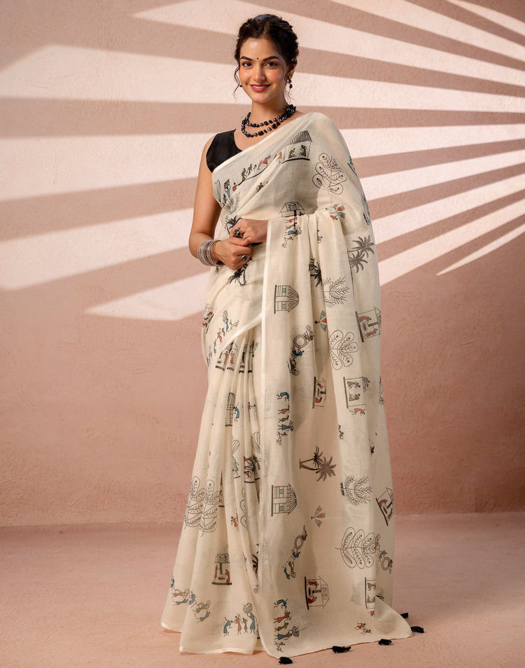 Off White Linen Warli Printed Saree