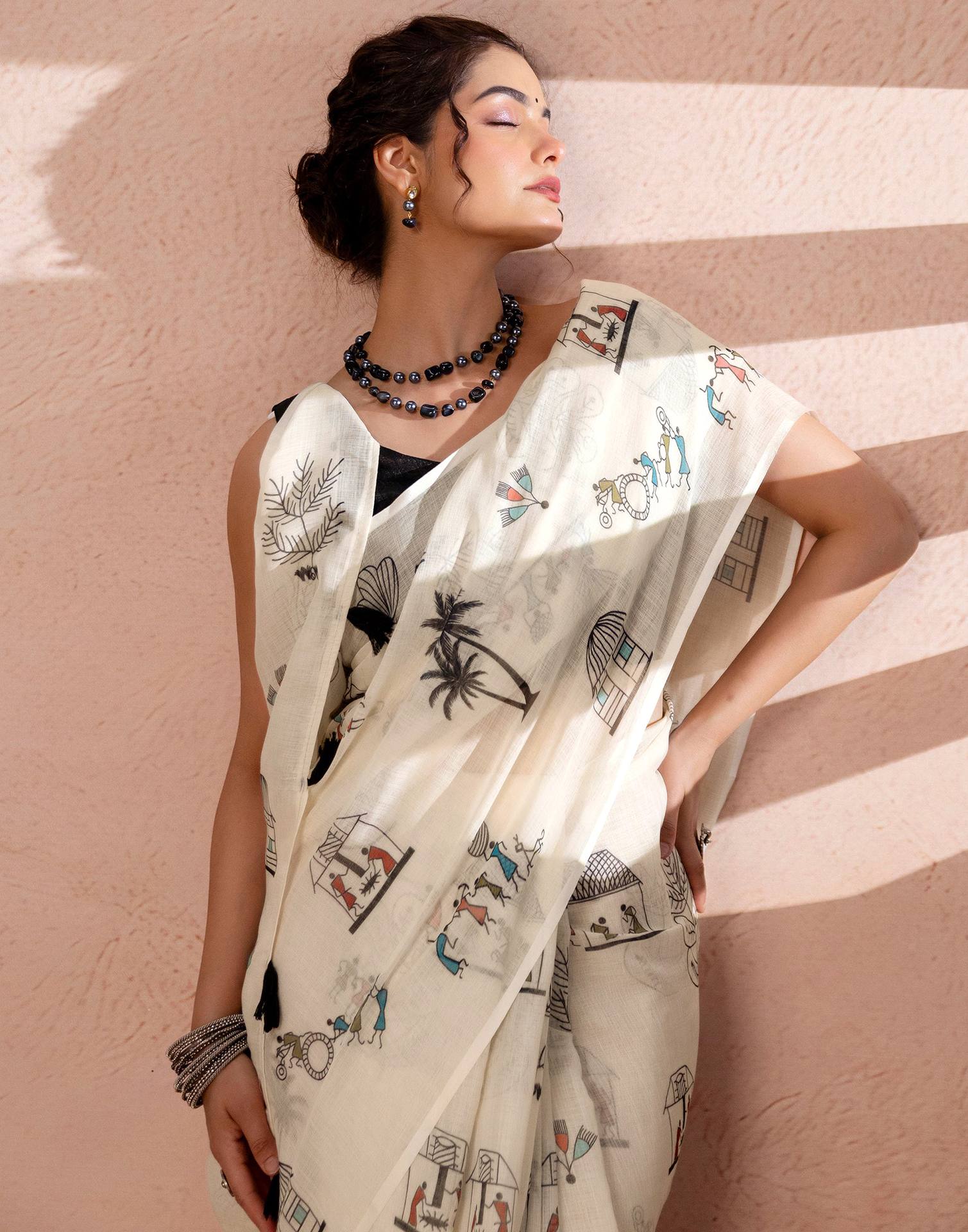 Off White Linen Warli Printed Saree