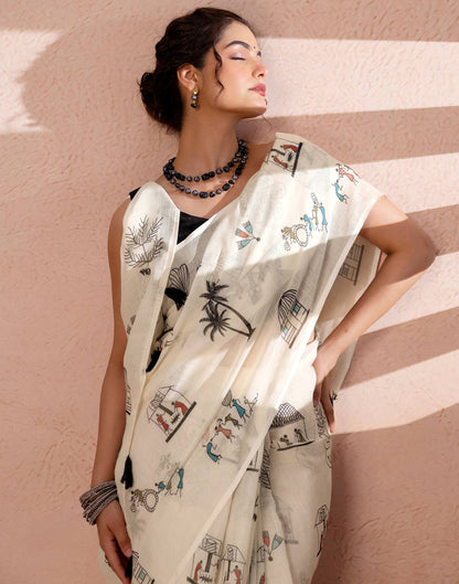 Off White Linen Warli Printed Saree