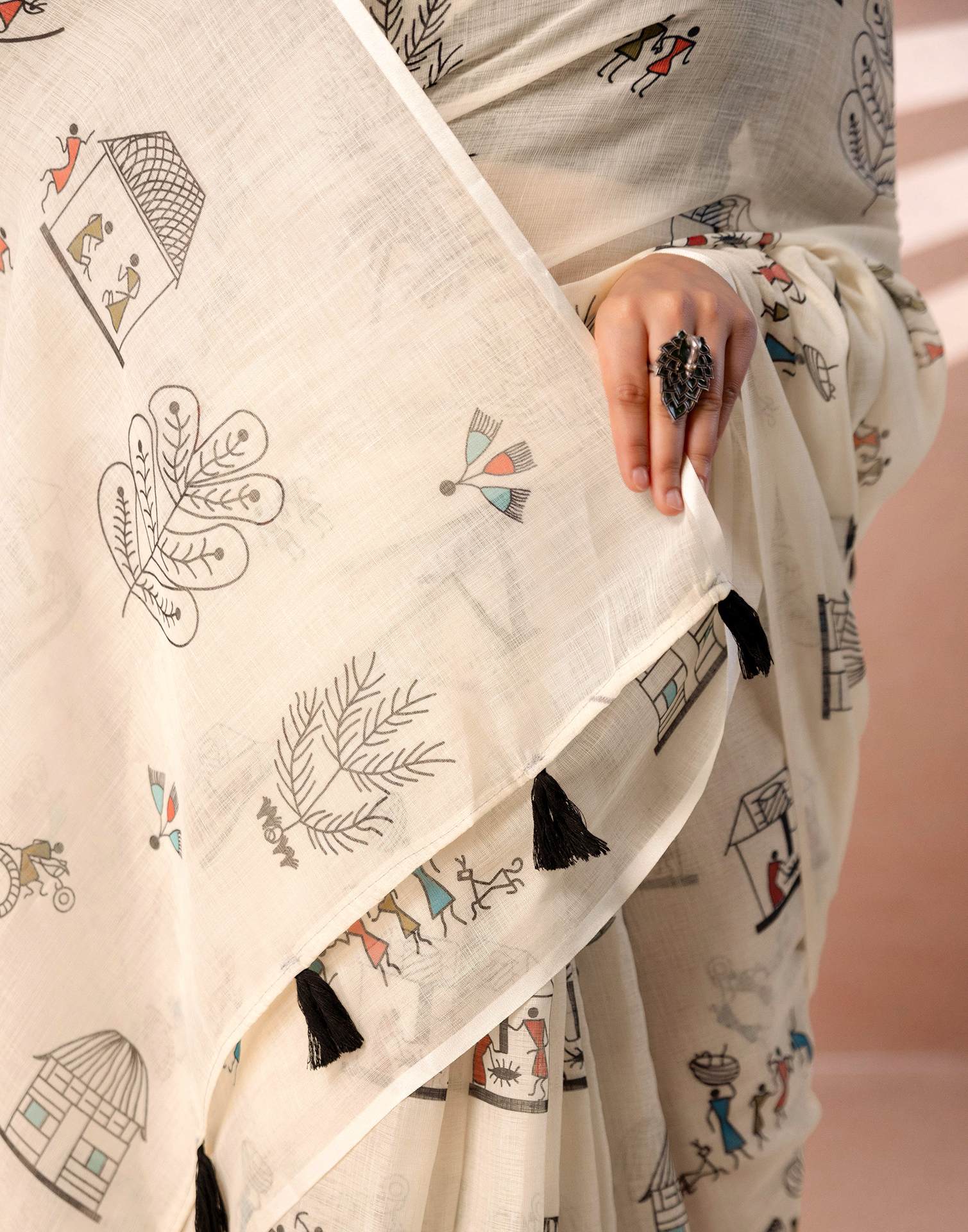 Off White Linen Warli Printed Saree