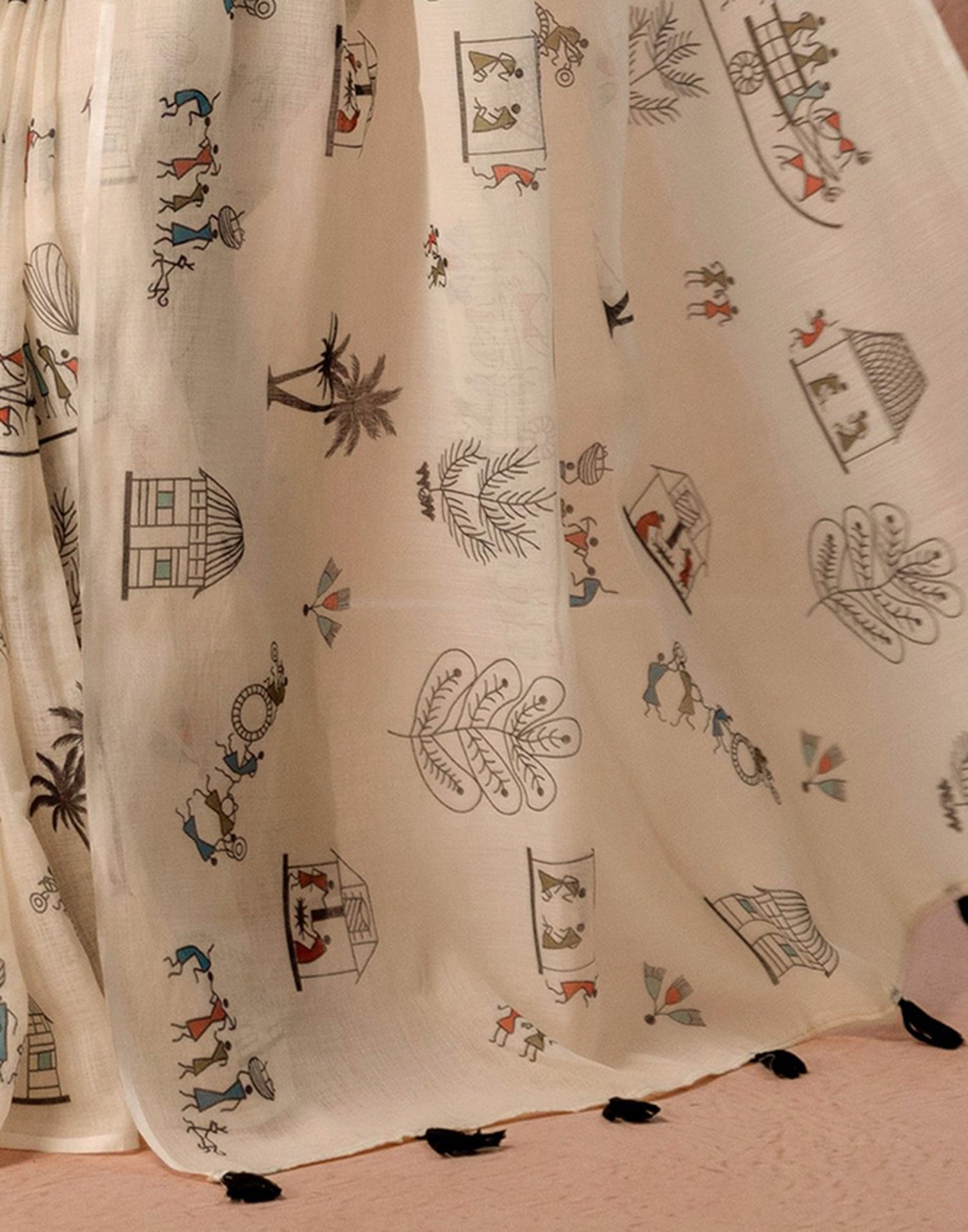 Off White Linen Warli Printed Saree