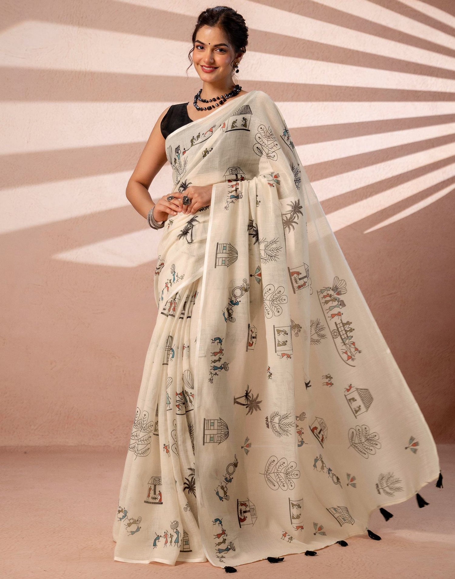 Off White Linen Warli Printed Saree