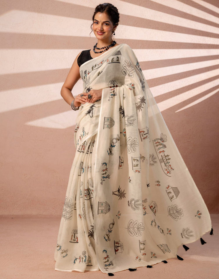Off White Linen Warli Printed Saree