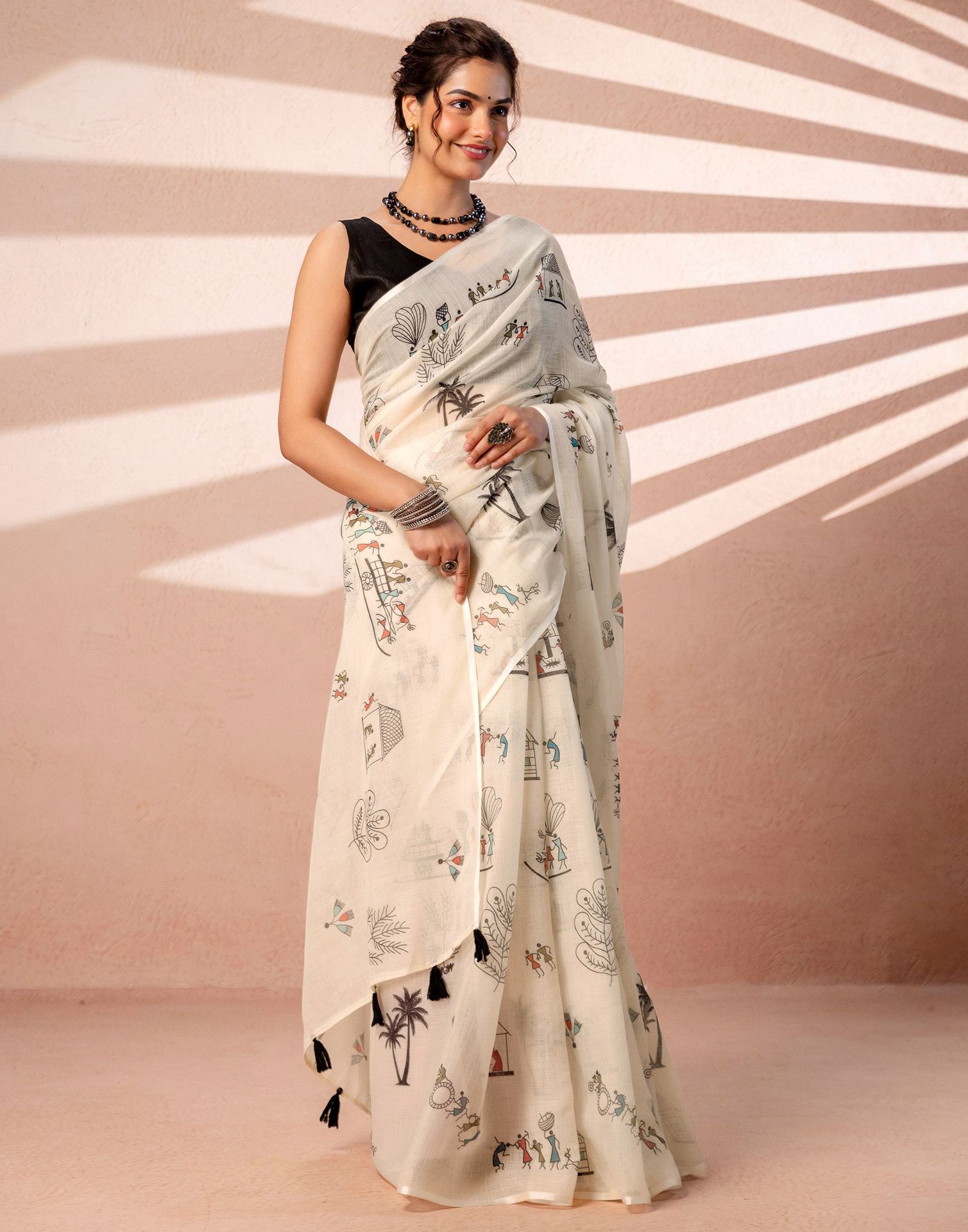 Off White Linen Warli Printed Saree