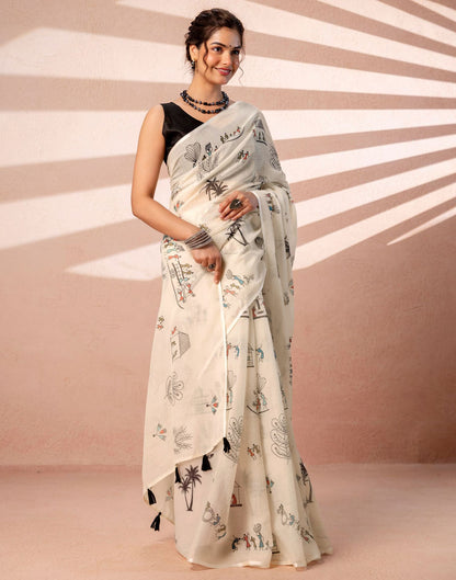 Off White Linen Warli Printed Saree