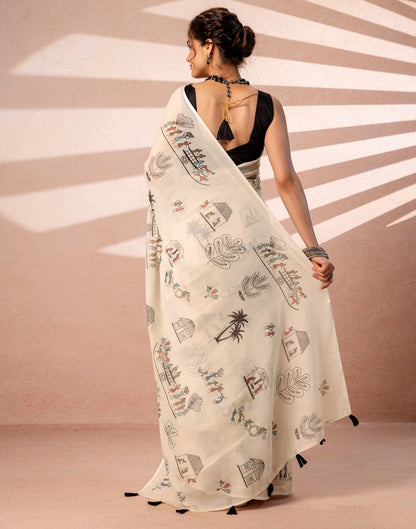 Off White Linen Warli Printed Saree