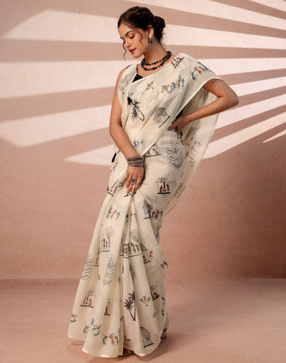 Off White Linen Warli Printed Saree