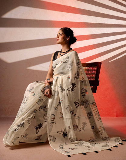 Off White Linen Warli Printed Saree