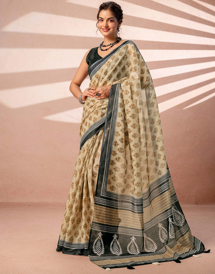 Dark Beige Linen Printed Saree