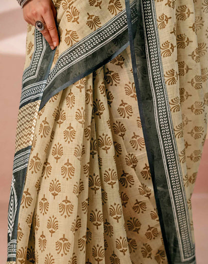 Dark Beige Linen Printed Saree