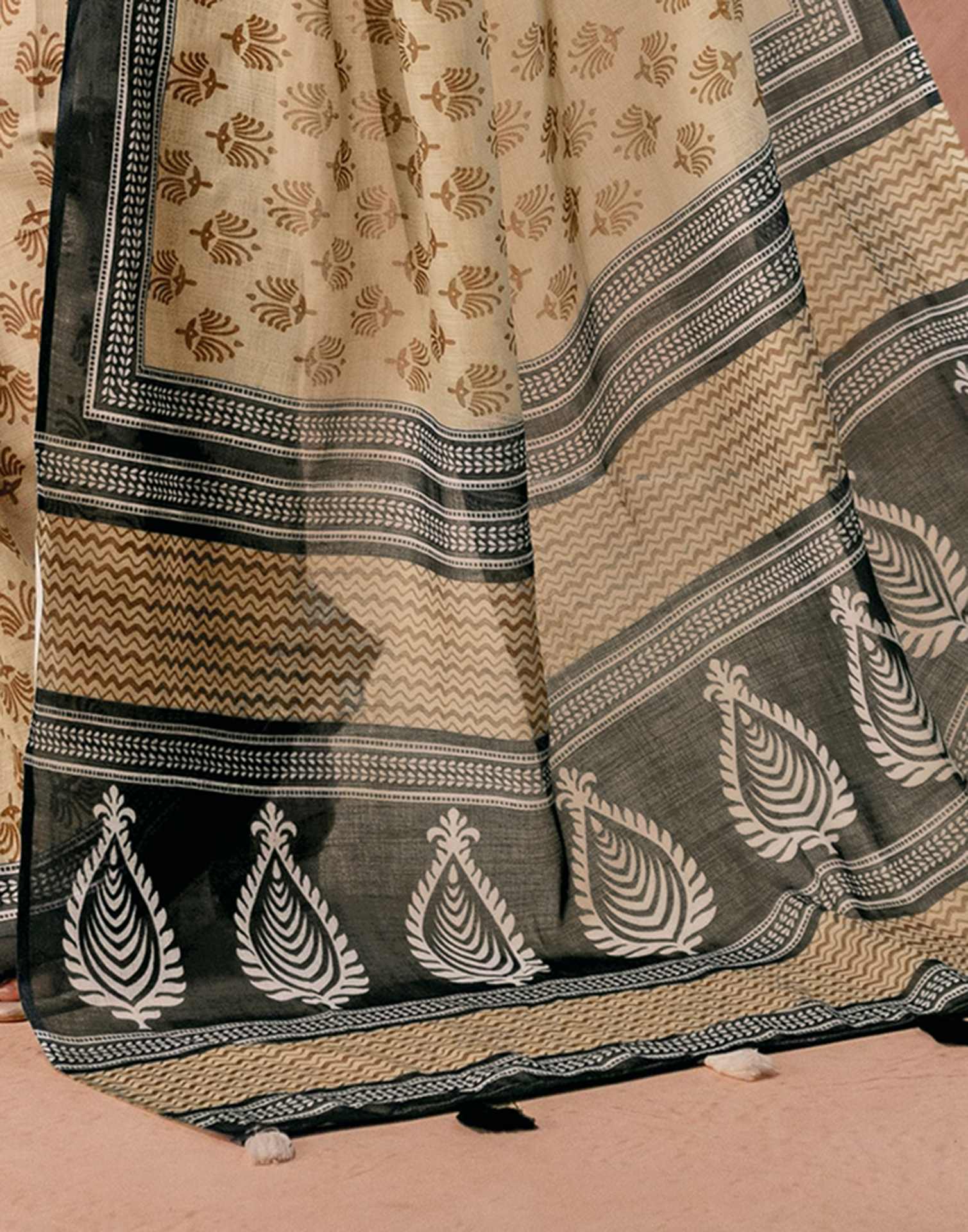 Dark Beige Linen Printed Saree