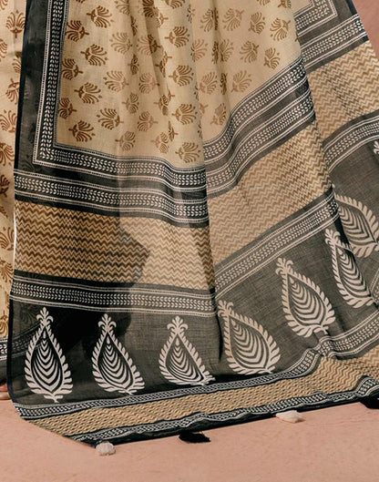 Dark Beige Linen Printed Saree