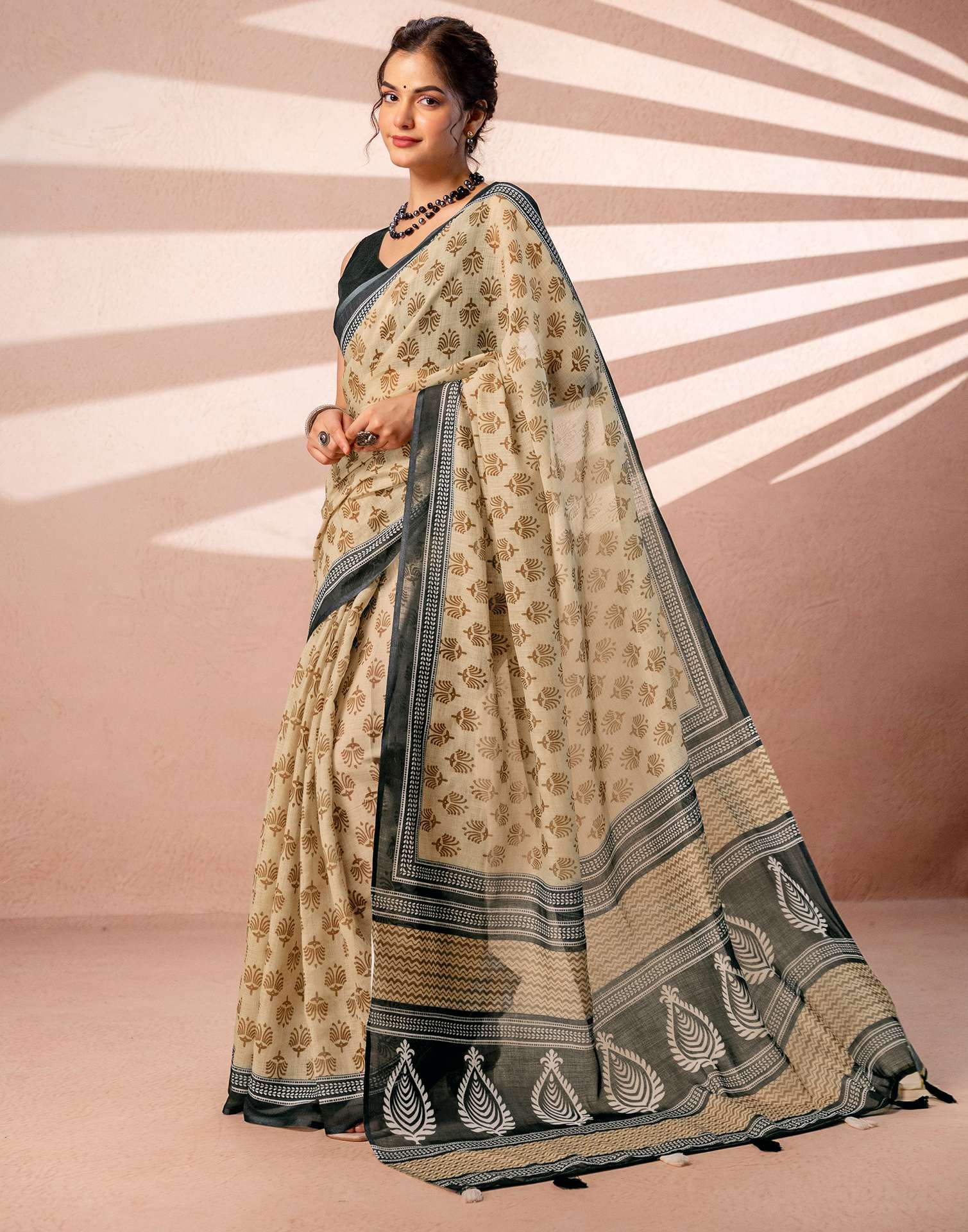 Dark Beige Linen Printed Saree