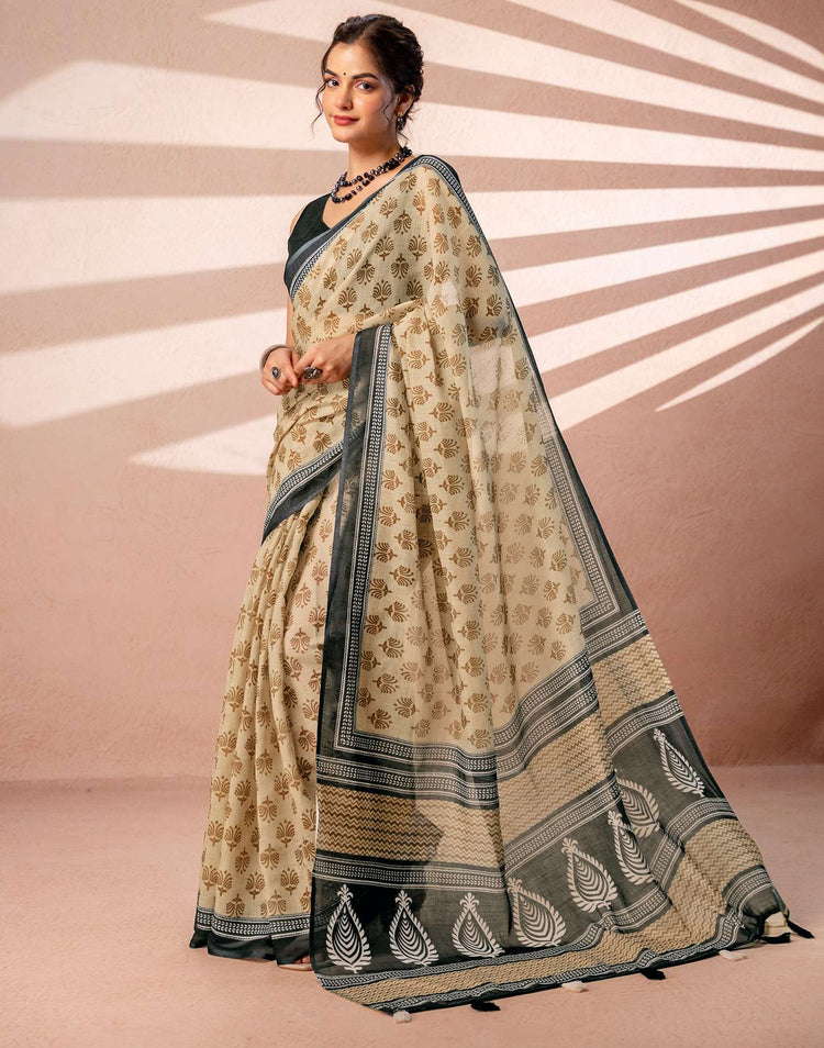 Dark Beige Linen Printed Saree