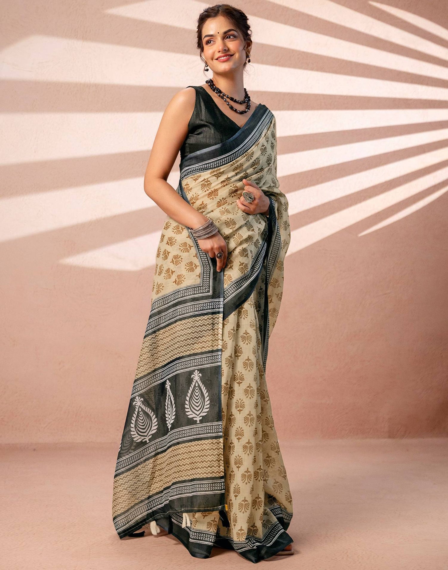Dark Beige Linen Printed Saree