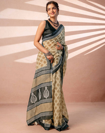 Dark Beige Linen Printed Saree