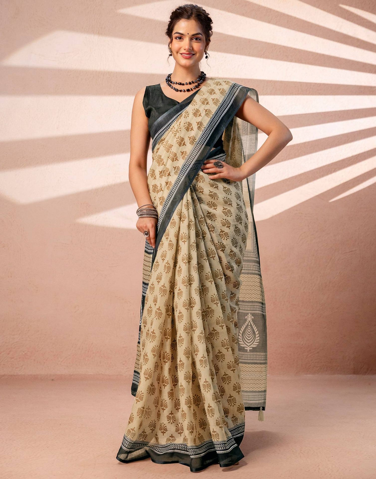 Dark Beige Linen Printed Saree