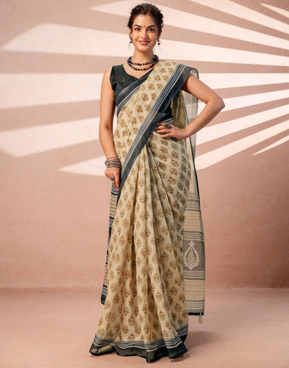 Dark Beige Linen Printed Saree