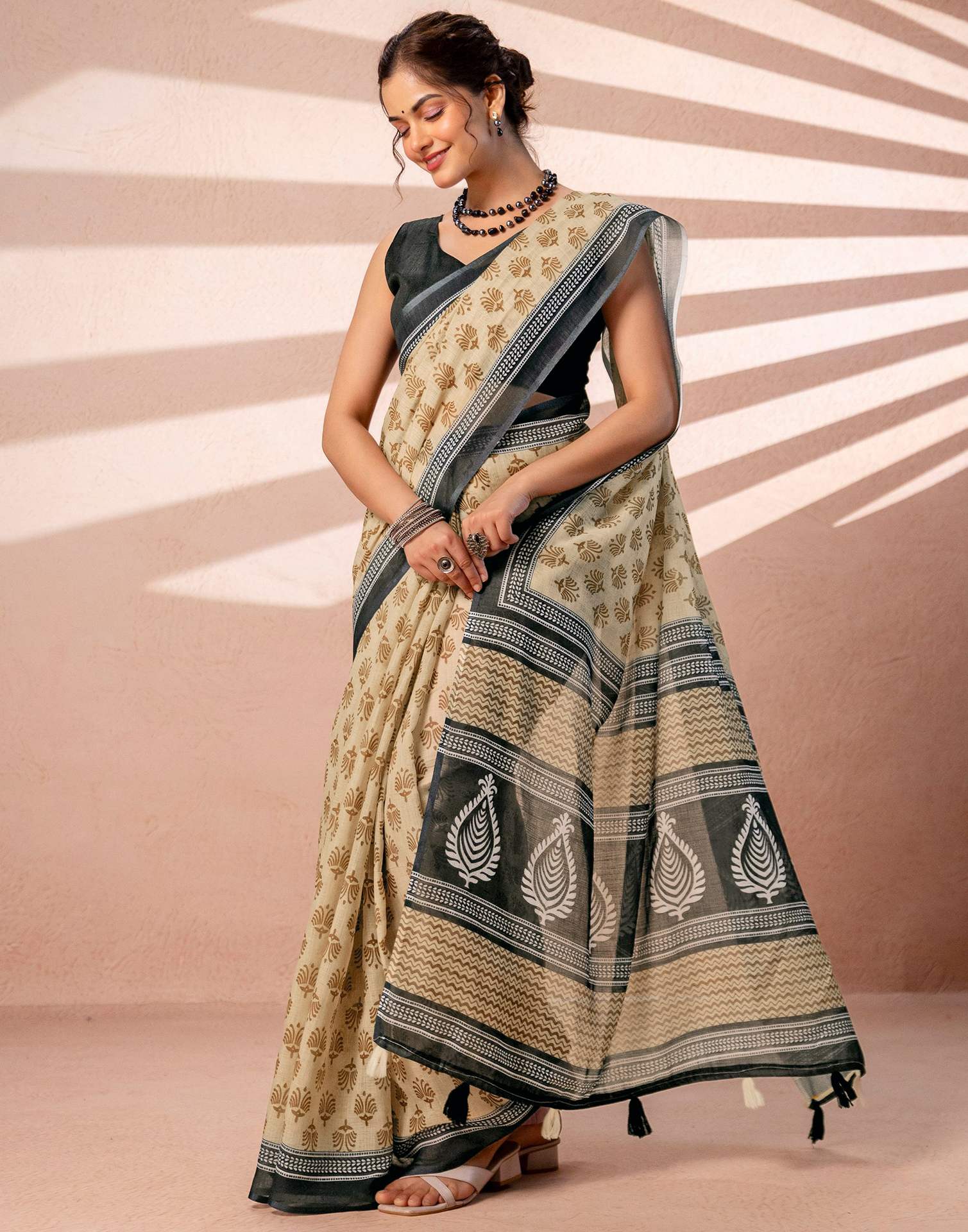 Dark Beige Linen Printed Saree