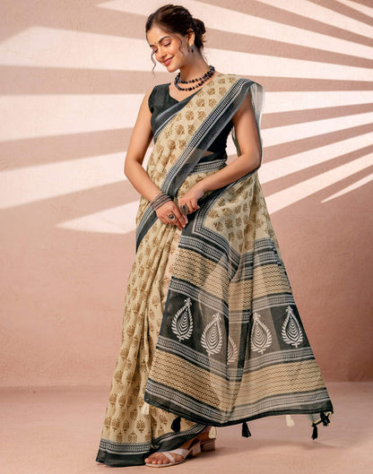 Dark Beige Linen Printed Saree