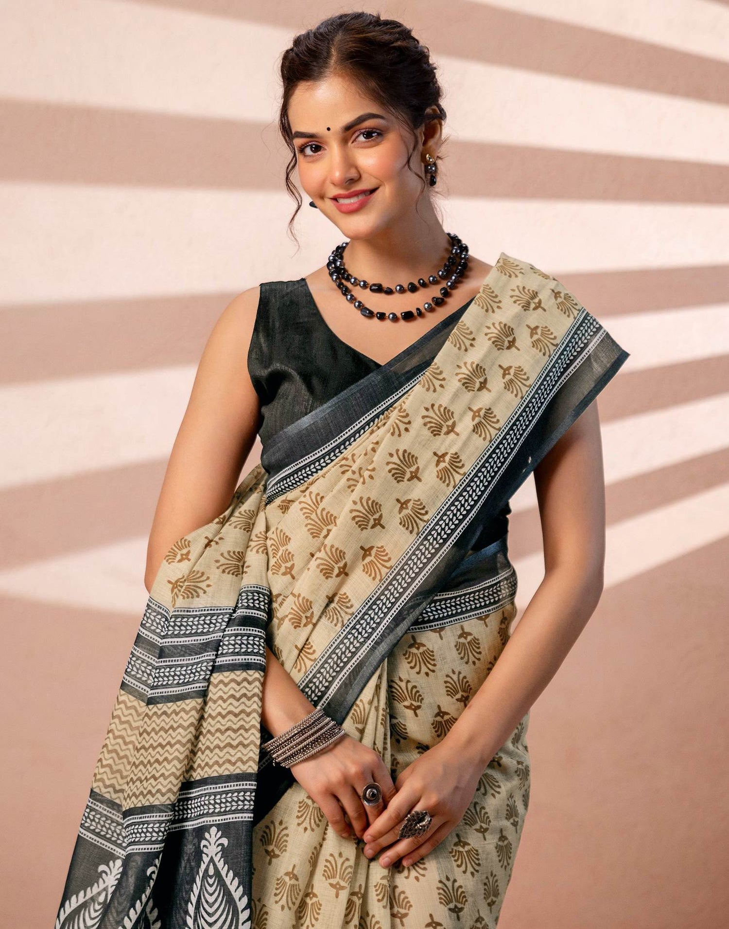 Dark Beige Linen Printed Saree