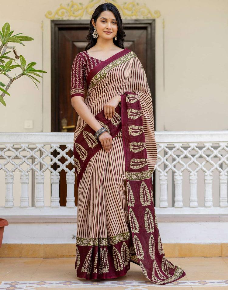 Beige Cotton Printed Saree