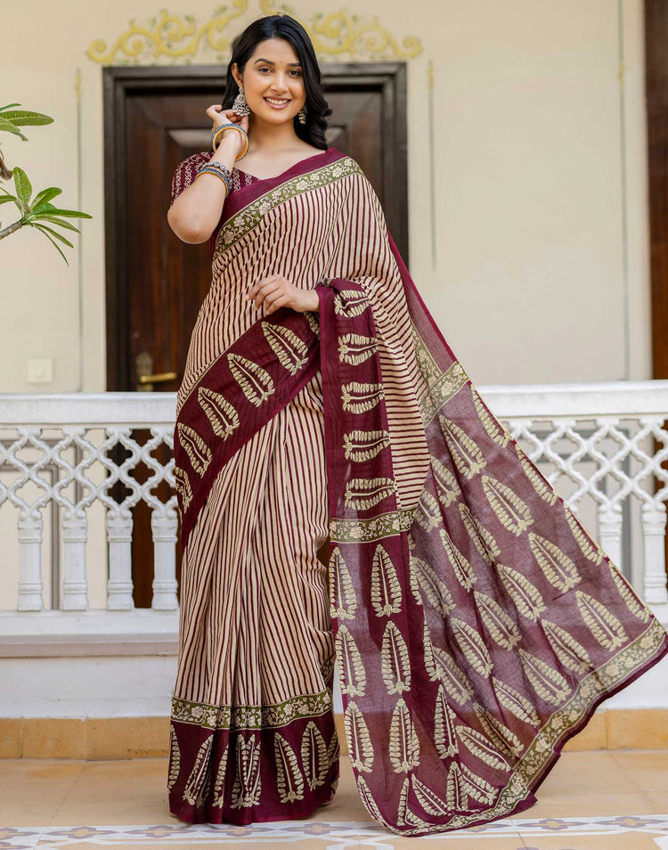 Beige Cotton Printed Saree