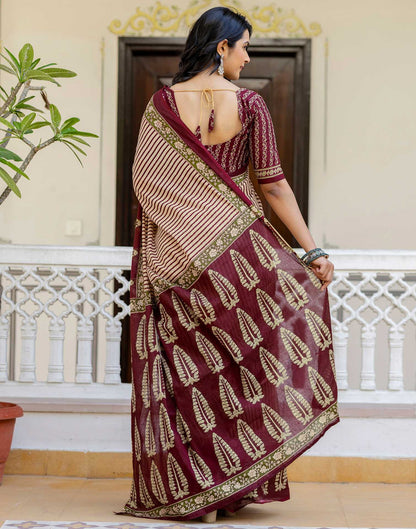 Beige Cotton Printed Saree
