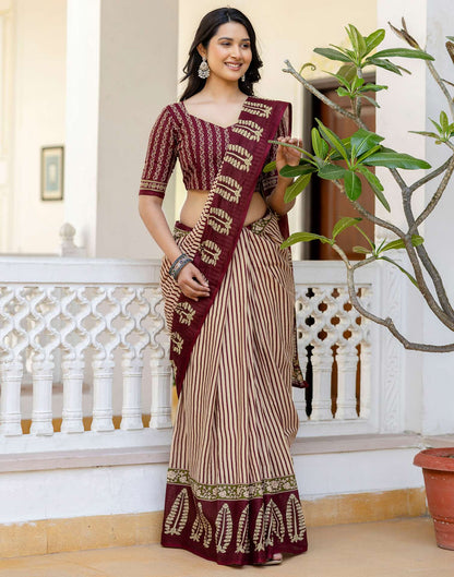 Beige Cotton Printed Saree