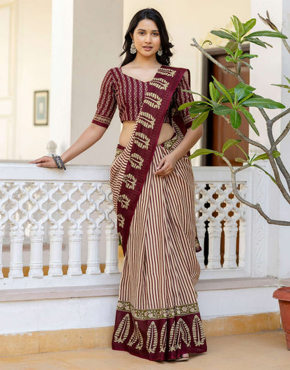 Beige Cotton Printed Saree